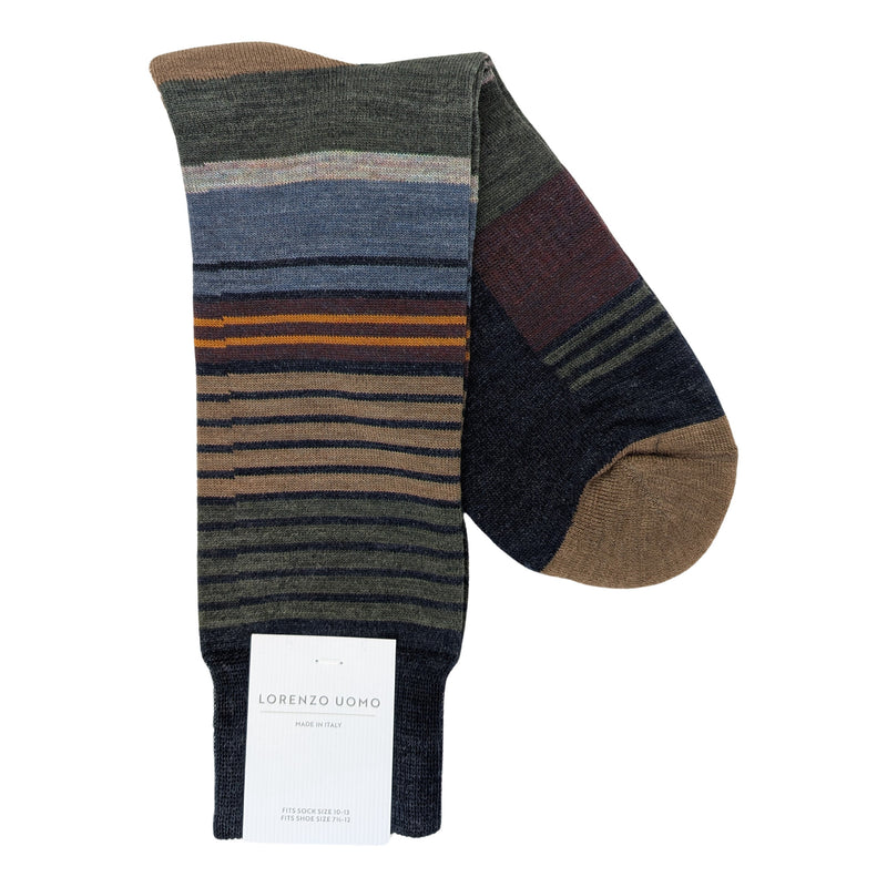 Lorenzo Uomo Wool Stripe Cushioned Sole Merino Wool Blend Socks
