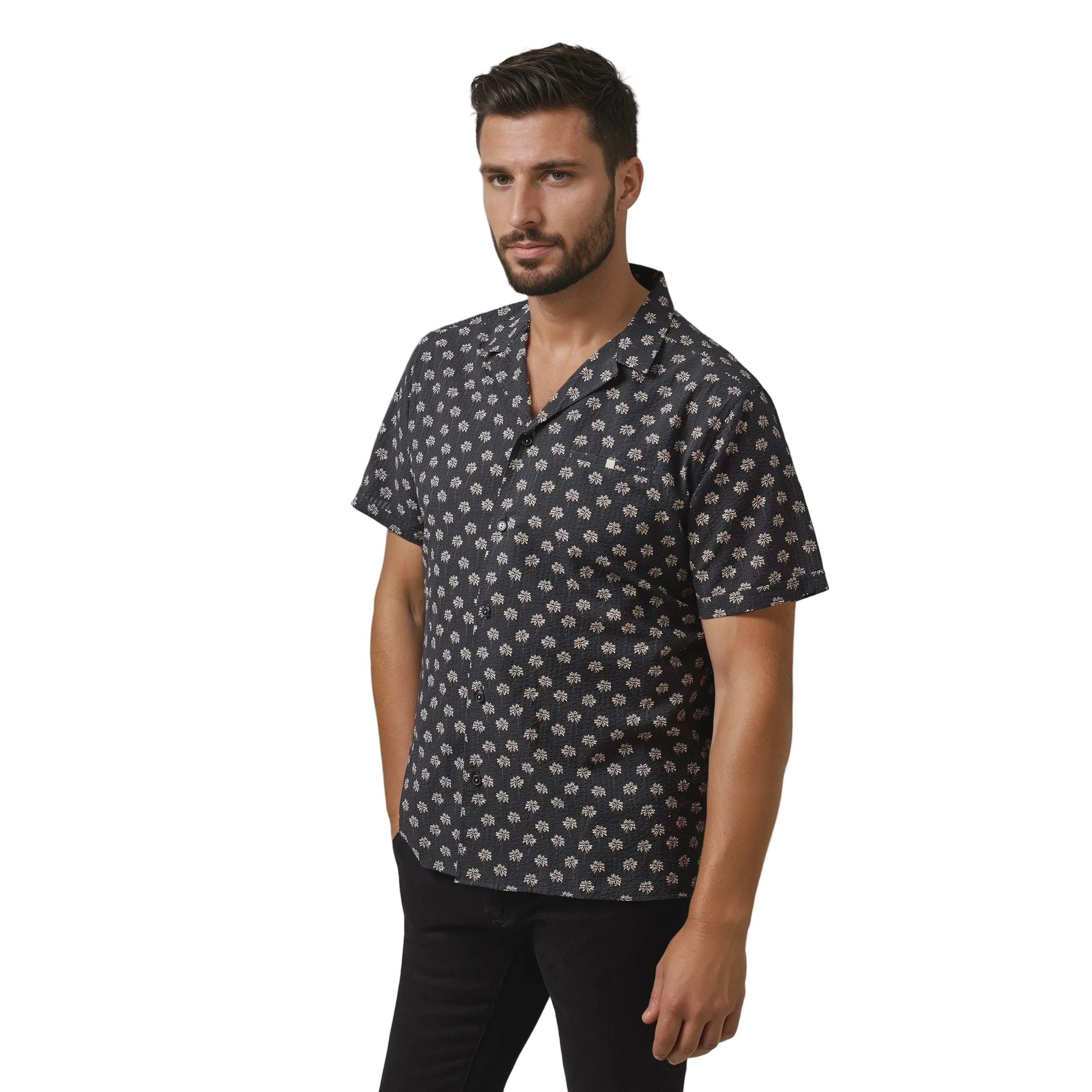 Stone Rose Seersucker Palm Print Resort Shirt