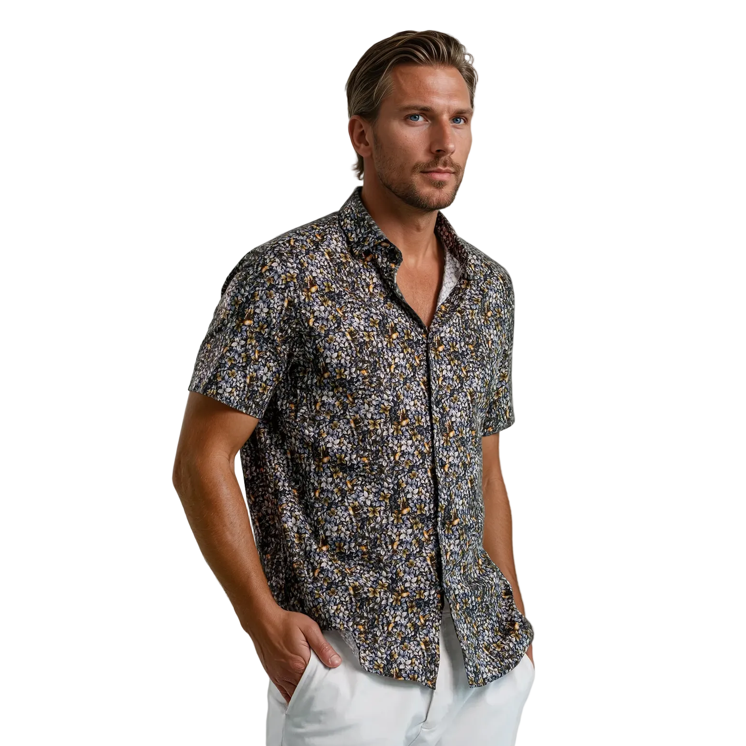 Stone Rose Floral Print Pattern SS Woven Shirt