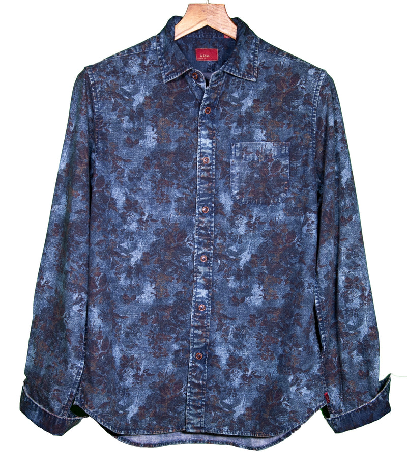 & Sons Garment Co. Dark Floral Print Denim Shirt